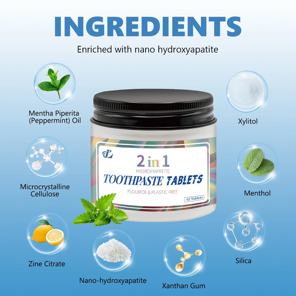 Hydroxyapatite Toothpaste Tablets 62 Pcs, Teeth Cleaning Paste Free, Natural Whitening Fresh Breath, Charcoal for Stain Removal